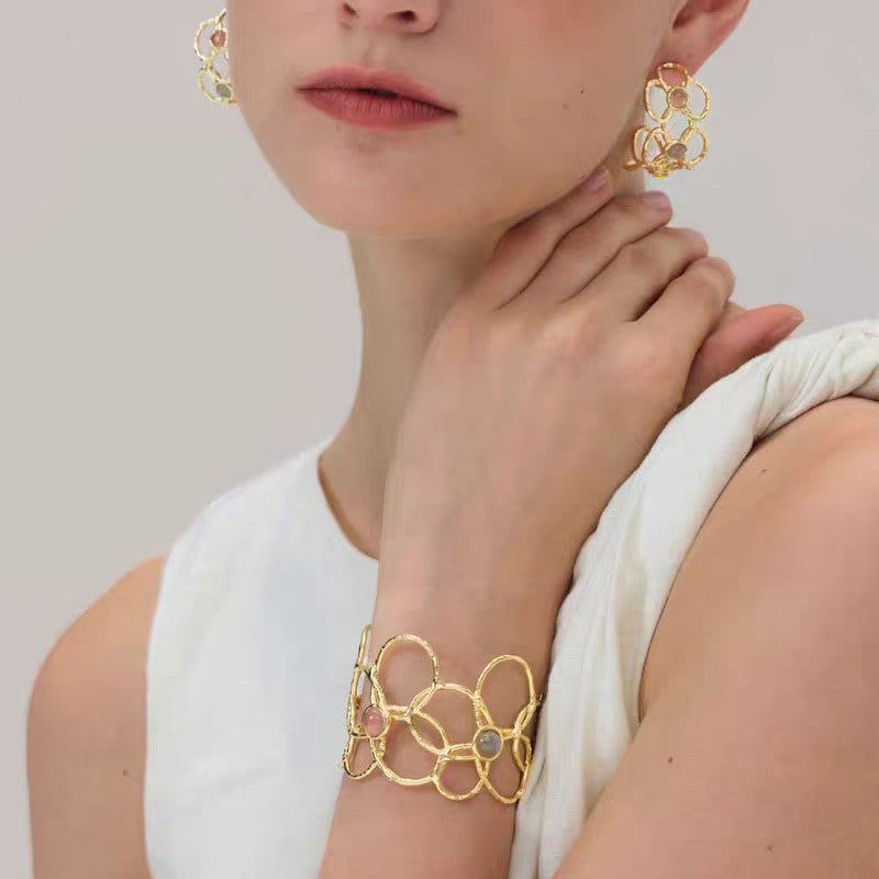 Silver-Plated Copper Openwork Hollow Geometric Cuff Bracelet and Earring Jewelry Set for Women