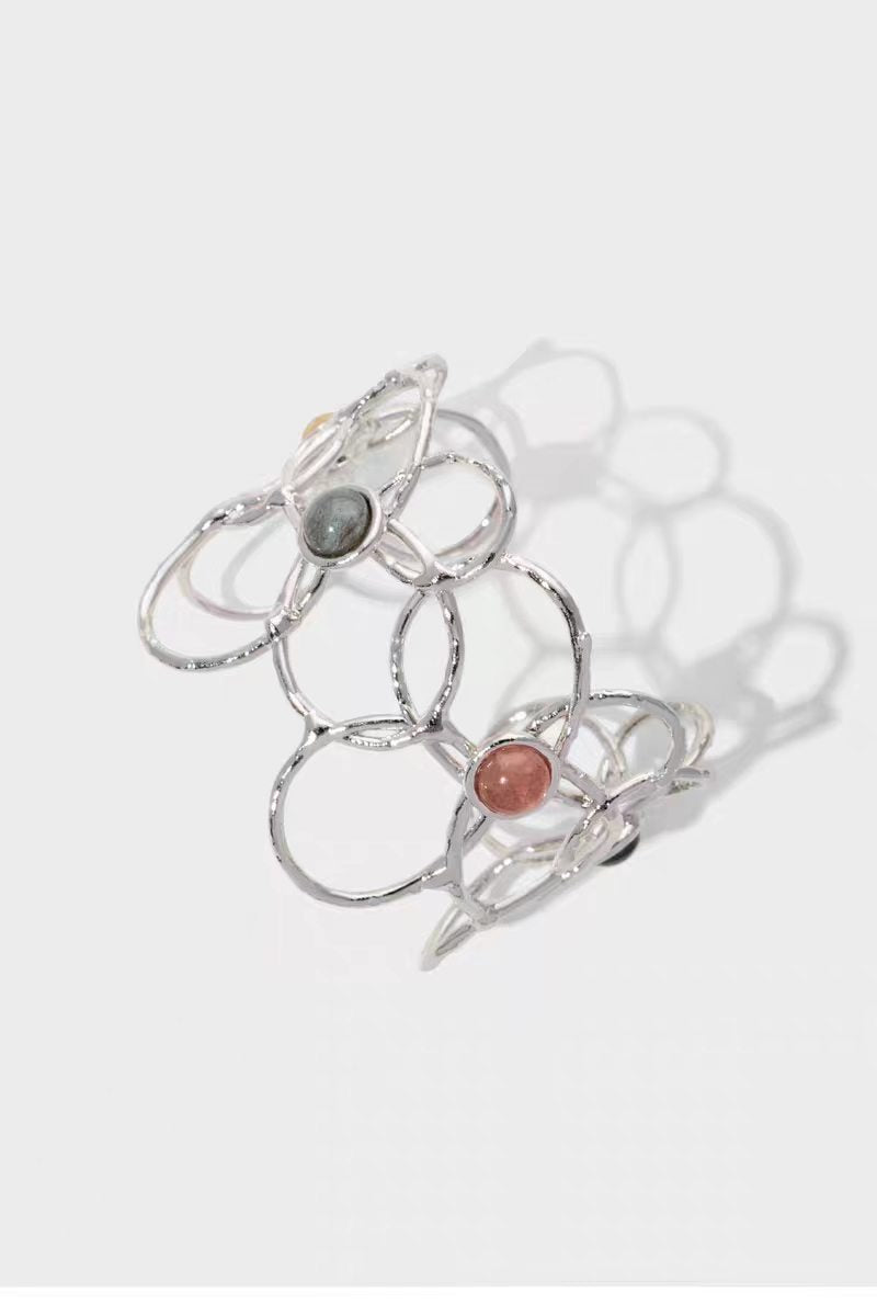 Silver-Plated Copper Openwork Hollow Geometric Cuff Bracelet and Earring Jewelry Set for Women