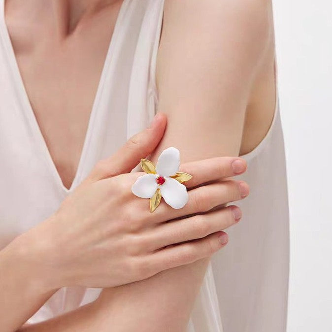925 Sterling Silver Post Gold-Plated Flower Stud Earrings with Enamel and Red Crystal for Women
