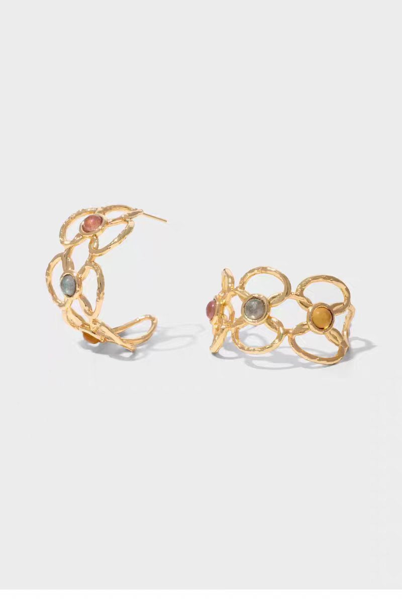 Silver-Plated Copper Openwork Hollow Geometric Cuff Bracelet and Earring Jewelry Set for Women