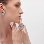 925 Sterling Silver Post Gold-Plated Flower Stud Earrings with Enamel and Red Crystal for Women