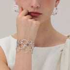 Silver-Plated Copper Openwork Hollow Geometric Cuff Bracelet and Earring Jewelry Set for Women