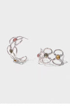 Silver-Plated Copper Openwork Hollow Geometric Cuff Bracelet and Earring Jewelry Set for Women