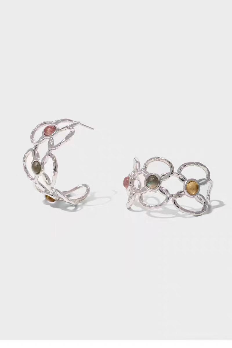 Silver-Plated Copper Openwork Hollow Geometric Cuff Bracelet and Earring Jewelry Set for Women