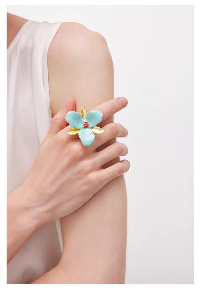 925 Sterling Silver Post Gold-Plated Flower Stud Earrings with Enamel and Red Crystal for Women