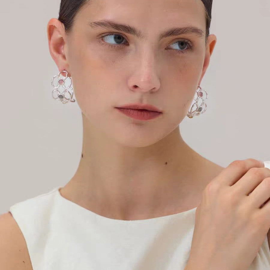 Silver-Plated Copper Openwork Hollow Geometric Cuff Bracelet and Earring Jewelry Set for Women