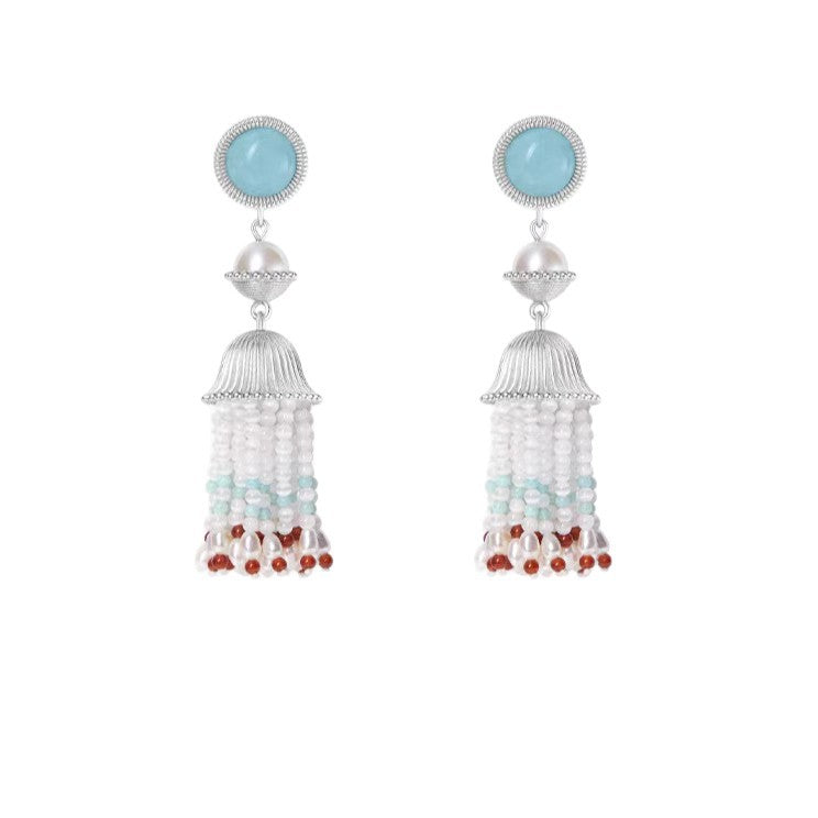 Silver-Plated Beaded Tassel Dangle Earrings with Turquoise Stone for Women.