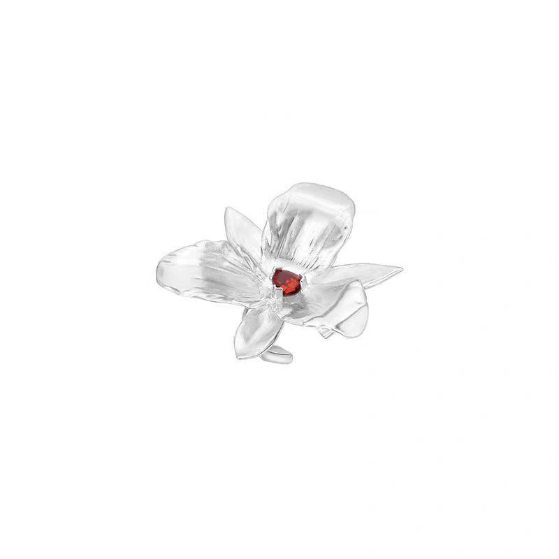 925 Sterling Silver Post Gold-Plated Flower Stud Earrings with Enamel and Red Crystal for Women