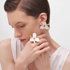 925 Sterling Silver Post Gold-Plated Flower Stud Earrings with Enamel and Red Crystal for Women