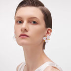 925 Sterling Silver Post Gold-Plated Flower Stud Earrings with Enamel and Red Crystal for Women