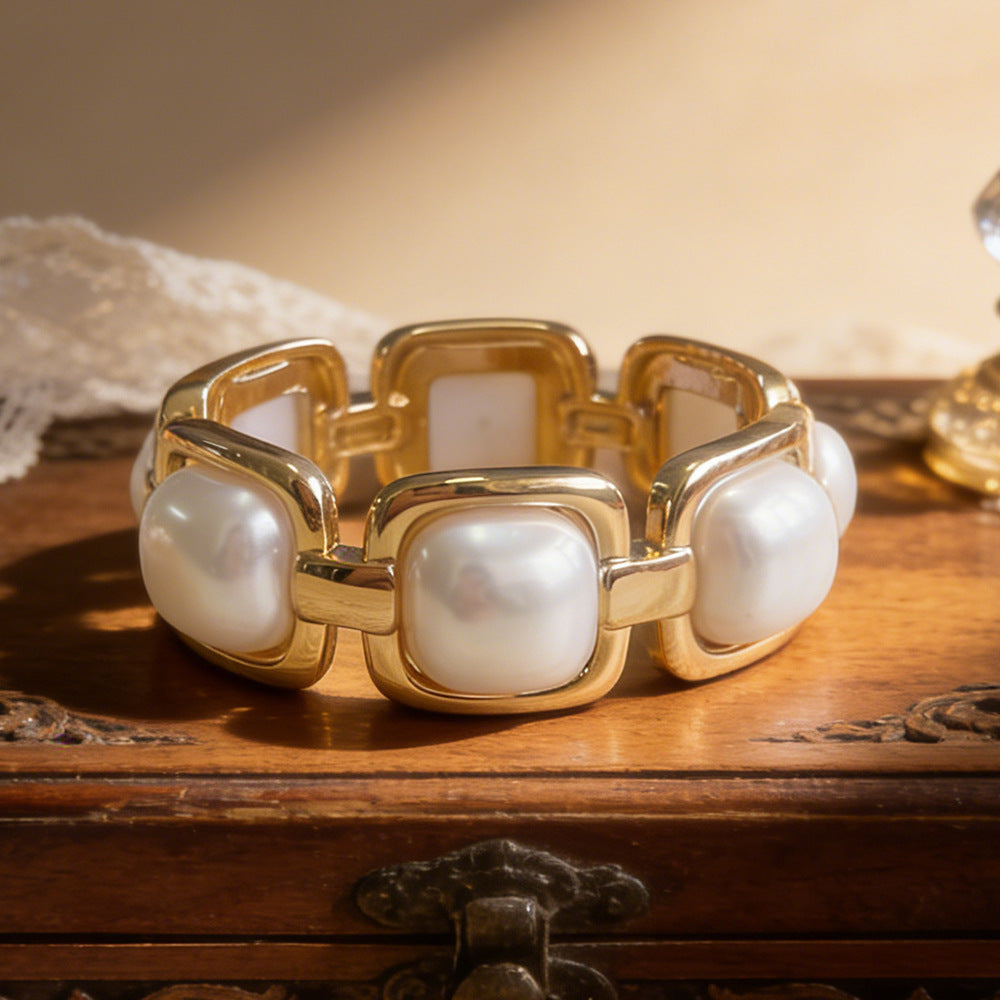 Geometric Pearl Panel Link Bracelet