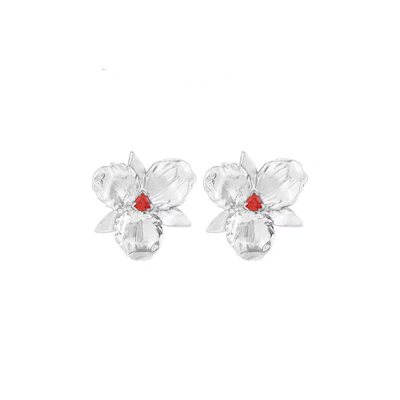 925 Sterling Silver Post Gold-Plated Flower Stud Earrings with Enamel and Red Crystal for Women