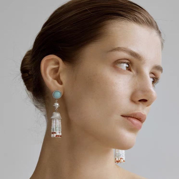 Silver-Plated Beaded Tassel Dangle Earrings with Turquoise Stone for Women.