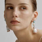 Silver-Plated Beaded Tassel Dangle Earrings with Turquoise Stone for Women.