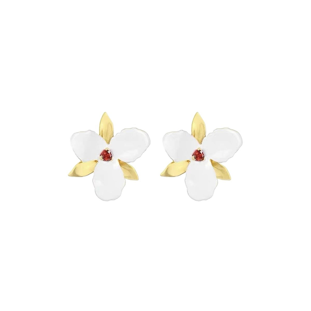 925 Sterling Silver Post Gold-Plated Flower Stud Earrings with Enamel and Red Crystal for Women