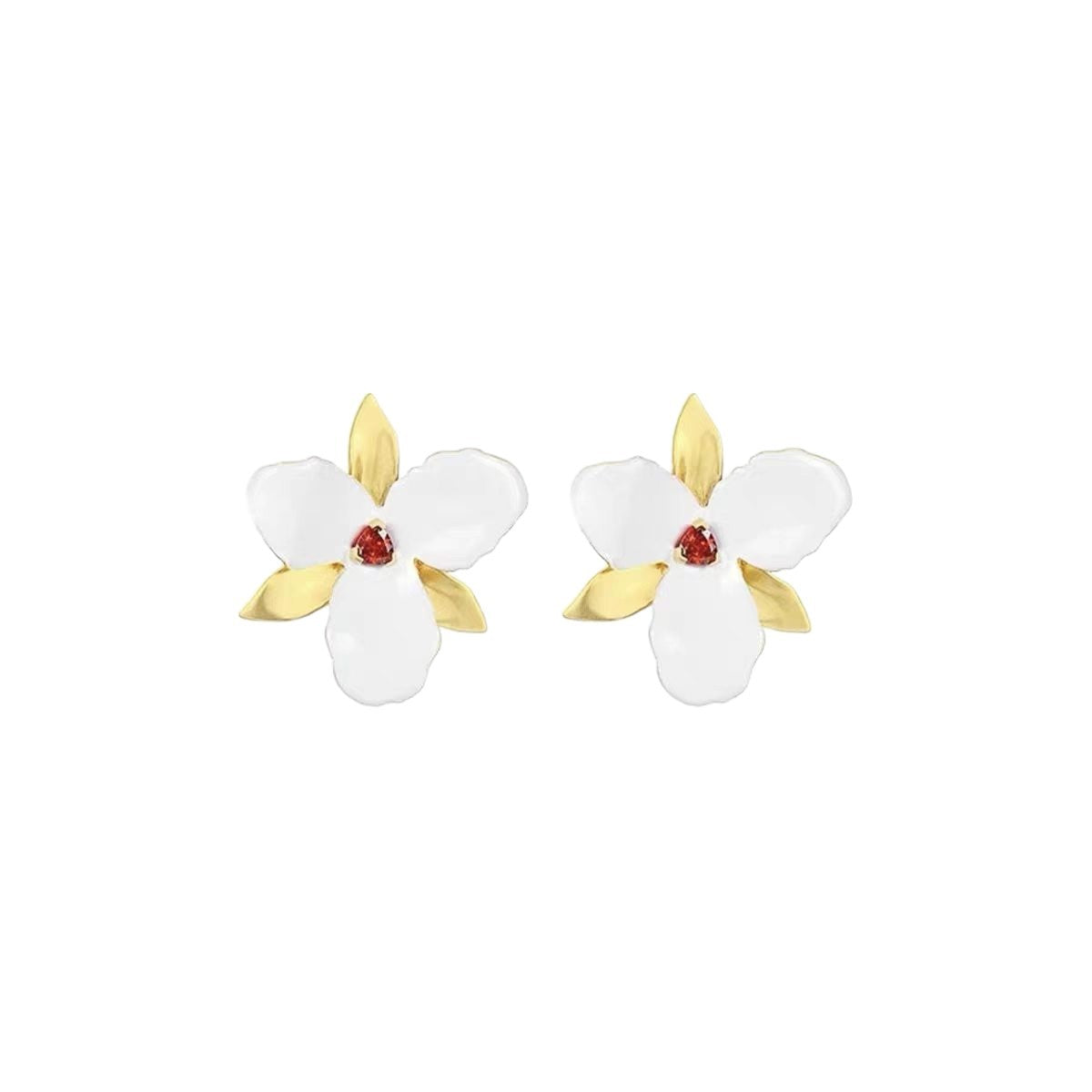 925 Sterling Silver Post Gold-Plated Flower Stud Earrings with Enamel and Red Crystal for Women