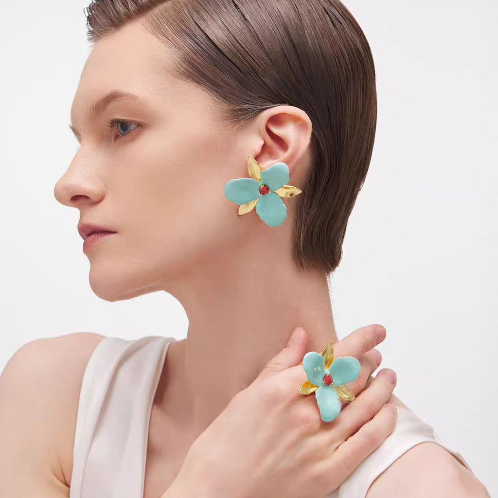 925 Sterling Silver Post Gold-Plated Flower Stud Earrings with Enamel and Red Crystal for Women