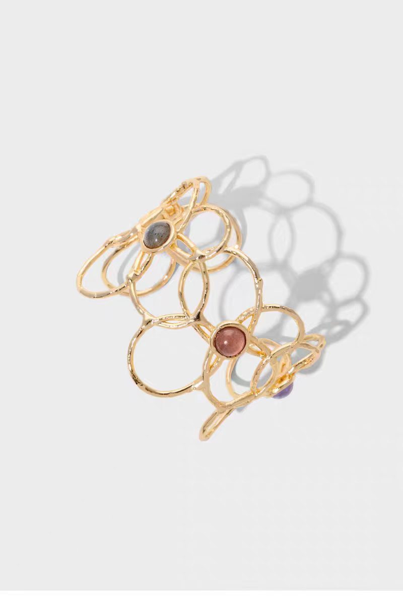Silver-Plated Copper Openwork Hollow Geometric Cuff Bracelet and Earring Jewelry Set for Women